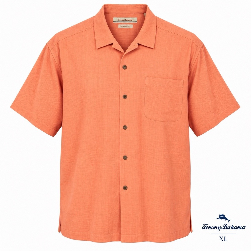Tommy Bahama Shirt Men XL Coral Orange Pink 100% Silk Original Fit Button Up